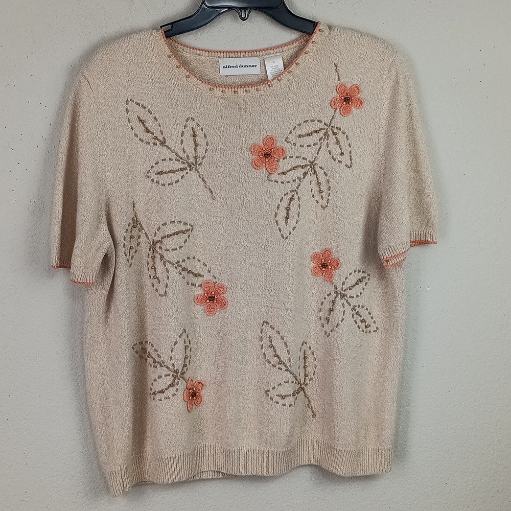 Alfred Dunner Cream Knit Short-Sleeve Embroidered Coral Florals & Beaded Top L